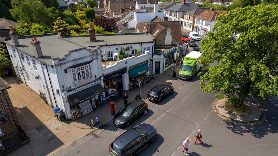 An aerial view of a quaint retail street in Blackheath Village, showcasing a classic white two-story building with a flower shop on the ground floor, featuring a green awning and floral displays outsi